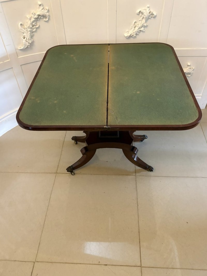 Antique English Regency Mahogany Brass Inlaid Fold Over Console Card Table - Image 14